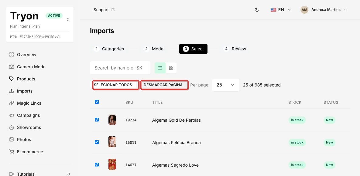 Select step with 25 of 985 items selected and item rows with thumbnails