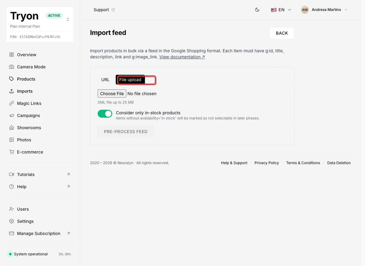 File upload tab selected with a Choose File button and in-stock toggle