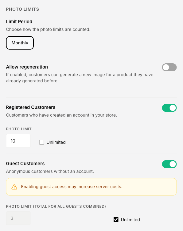 Photo Limits panel in Settings, showing the Limit Period, Allow regeneration toggle, Registered Customers toggle and Guest Customers toggle