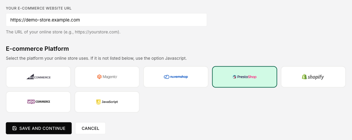Connect store form with the URL field and the e-commerce platform selector (BigCommerce, Magento, Nuvemshop, PrestaShop, Shopify, WooCommerce and JavaScript).