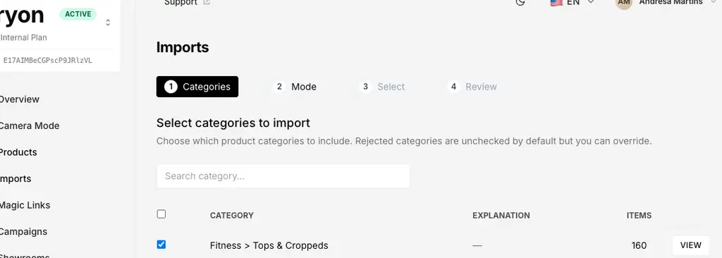 Categories step showing a list of categories with checkboxes and item counts