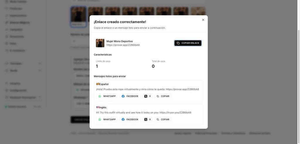 Modal "¡Enlace creado con éxito!" mostrando la tarjeta del producto, la URL del enlace con un botón Copiar enlace, el panel Características y mensajes listos para enviar en varios idiomas.
