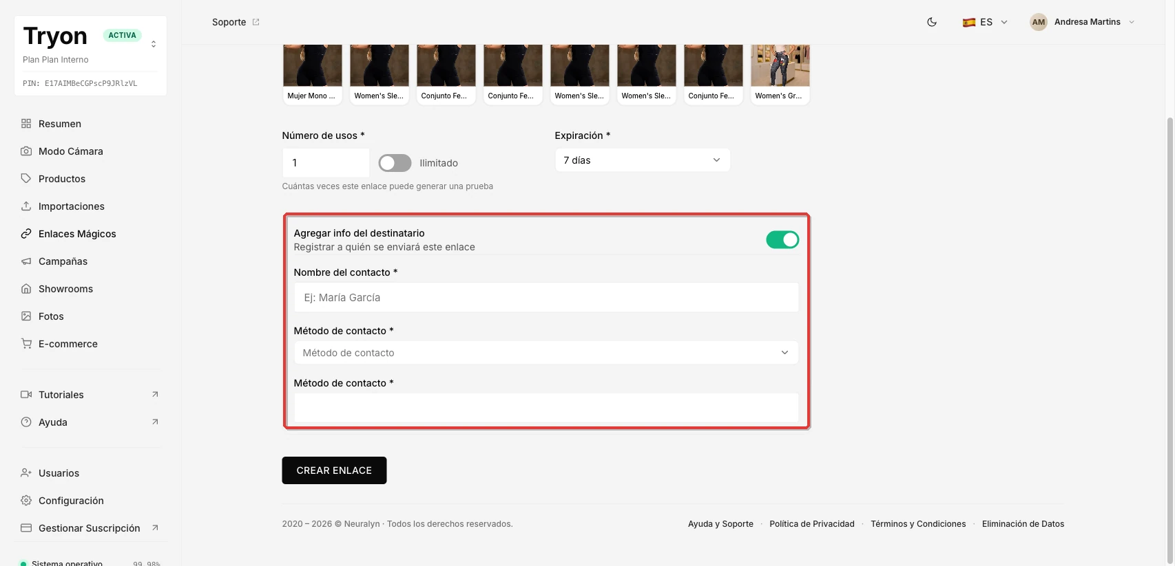 Sección de información del destinatario expandida, mostrando el campo Nombre del contacto, el desplegable Método de contacto y el campo de valor de contacto.
