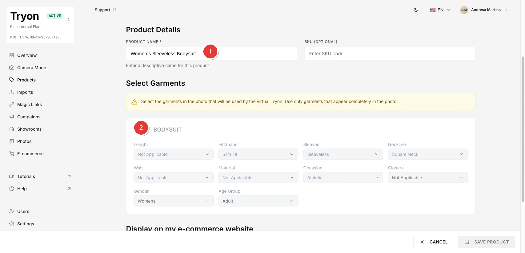 Form auto-filled by the AI with the detected garment