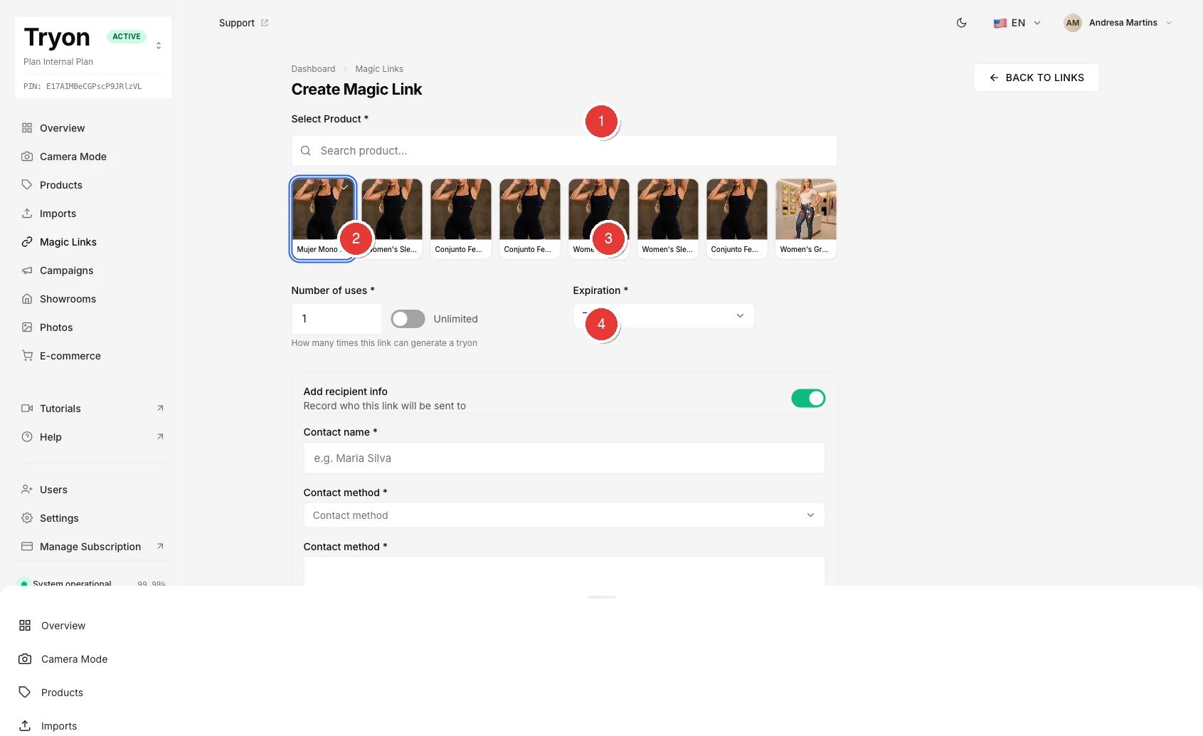 The Create Magic Link form with four numbered areas: product grid (1), number of uses (2), expiration (3), and recipient info toggle (4).