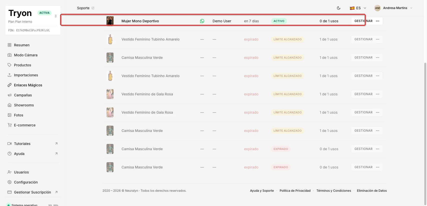 Lista de Magic Links tras crear un nuevo enlace, con el nuevo enlace activo destacado en la parte superior.