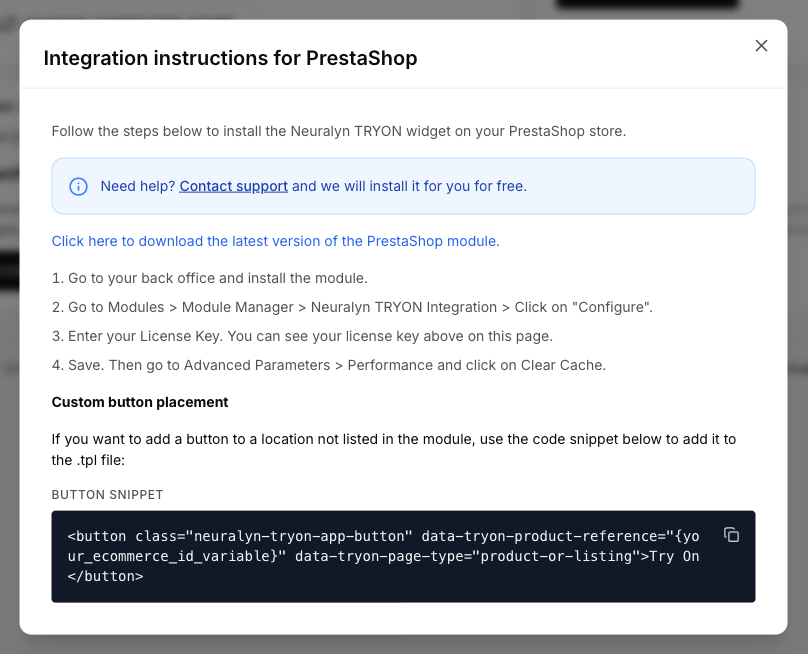 Integration instructions panel for PrestaShop showing the module download link, the back-office configuration steps, and the custom button snippet.