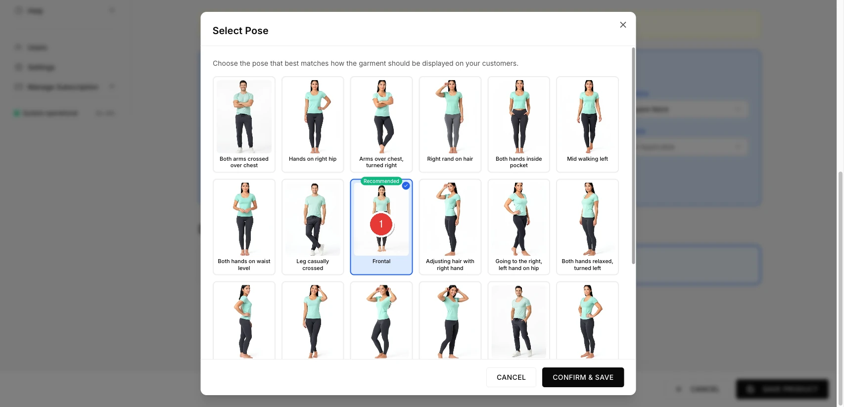Pose selection modal with Frontal, Left and Right options