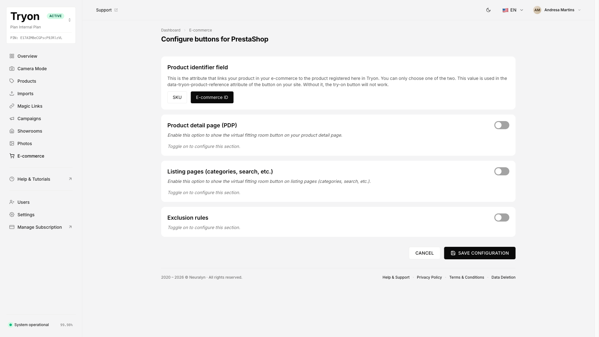 Configure buttons for PrestaShop page with four sections: Product identifier field (SKU or E-commerce ID), Product detail page (PDP) toggle, Listing pages toggle, and Exclusion rules toggle.