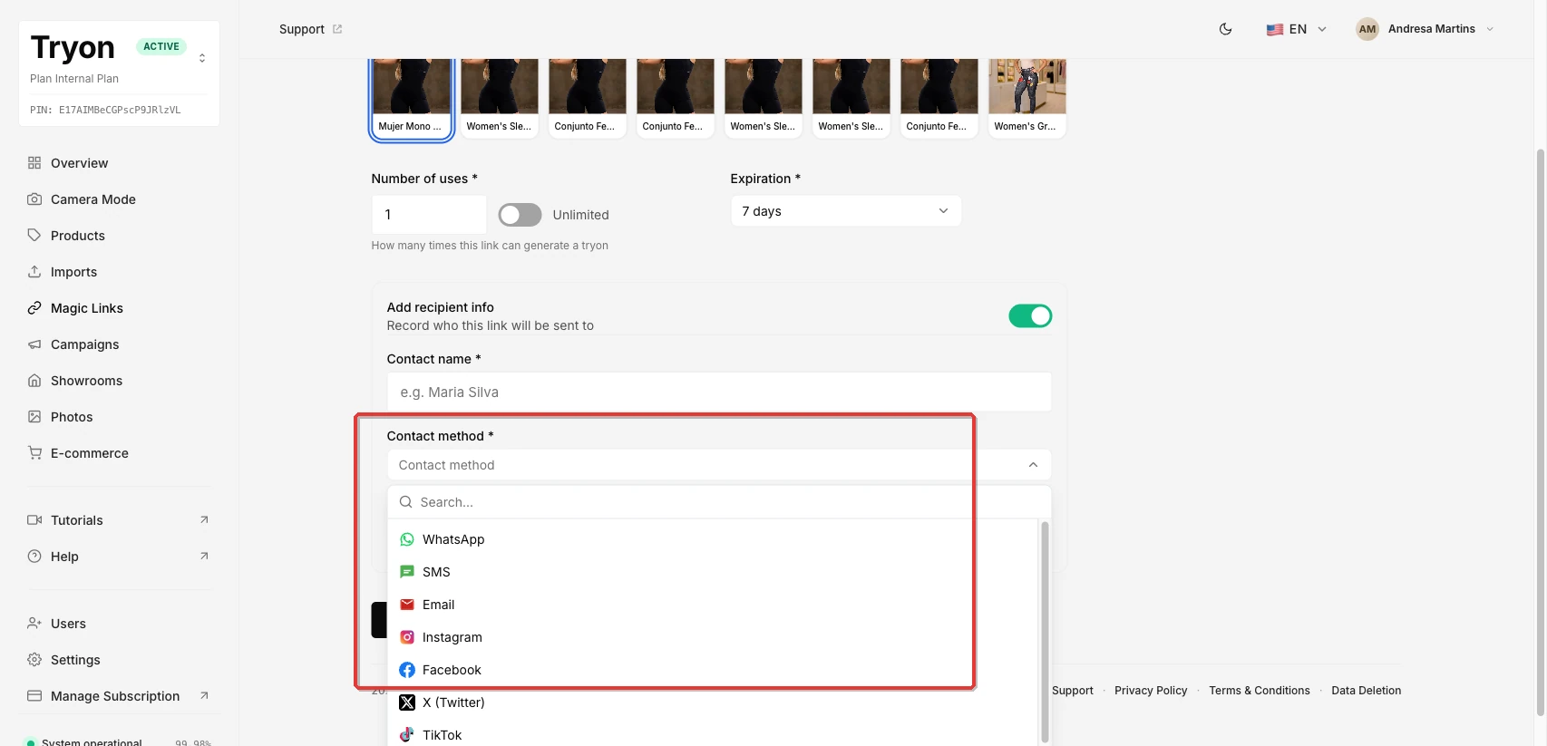 The Contact method dropdown open, showing WhatsApp as the first option.