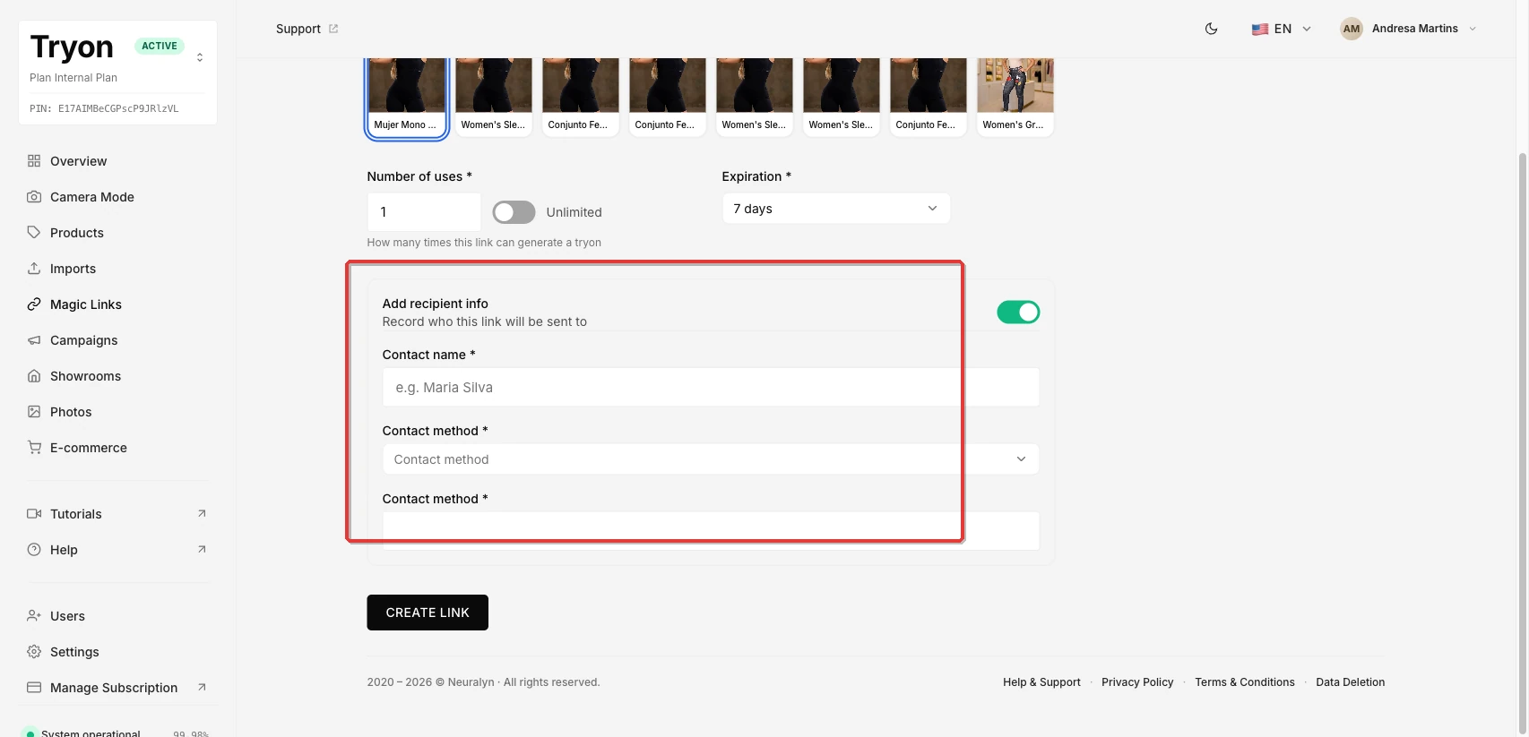 The recipient info section expanded, showing the Contact name field, the Contact method dropdown, and the contact value input.