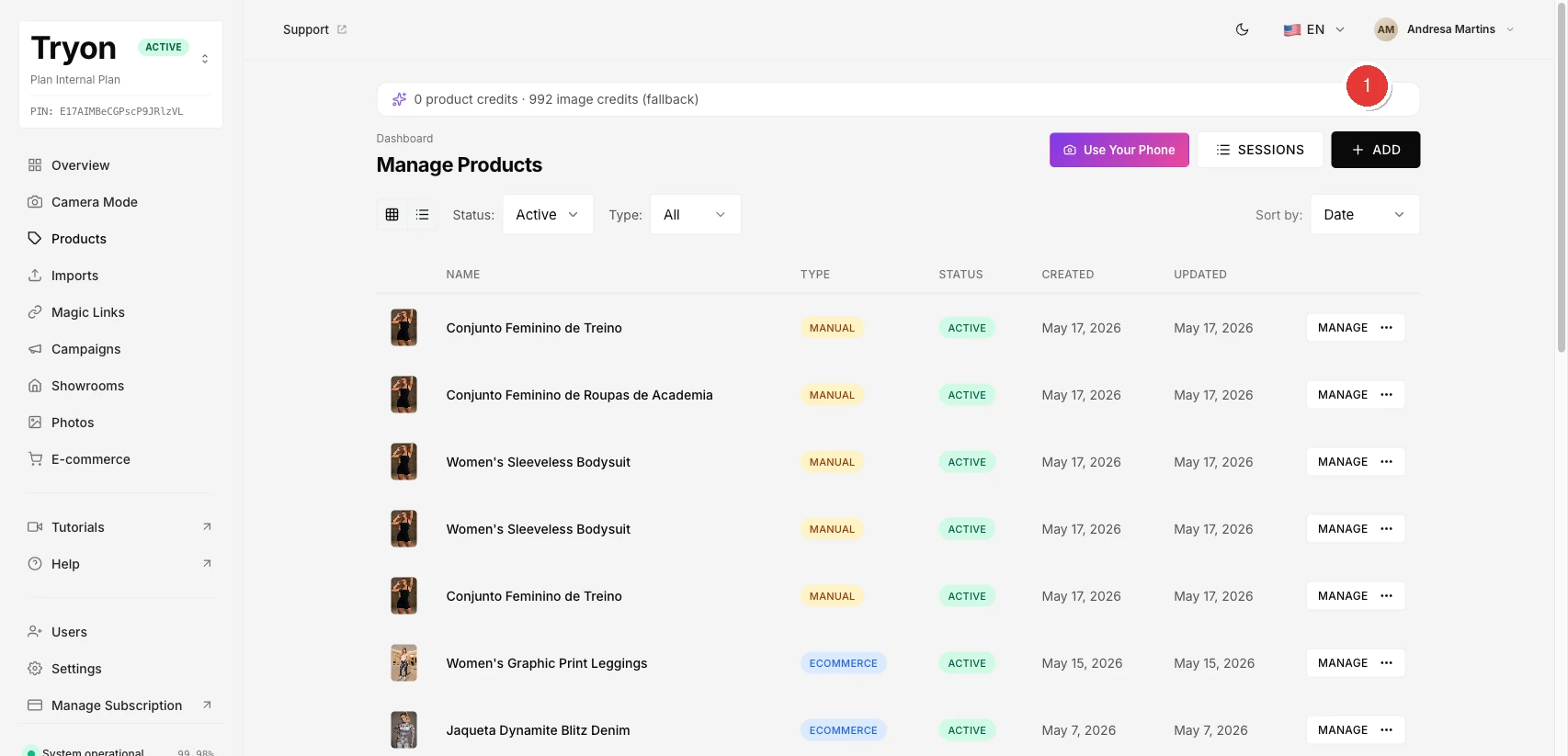 Product list with the Add Product button highlighted