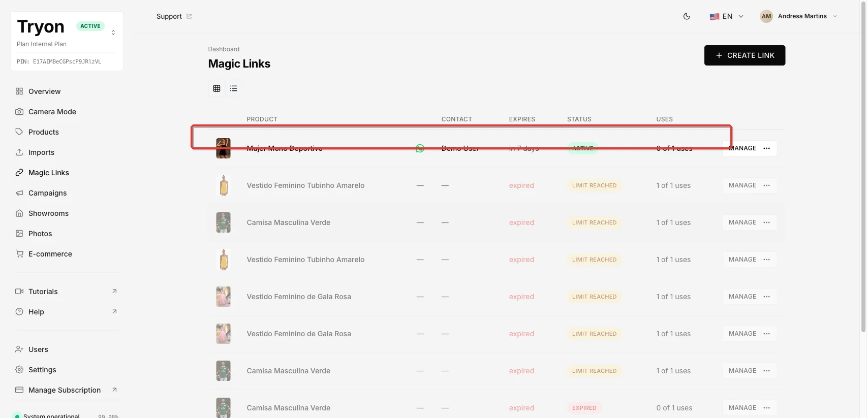 The Magic Links list after creating a new link, with the new active link highlighted at the top.