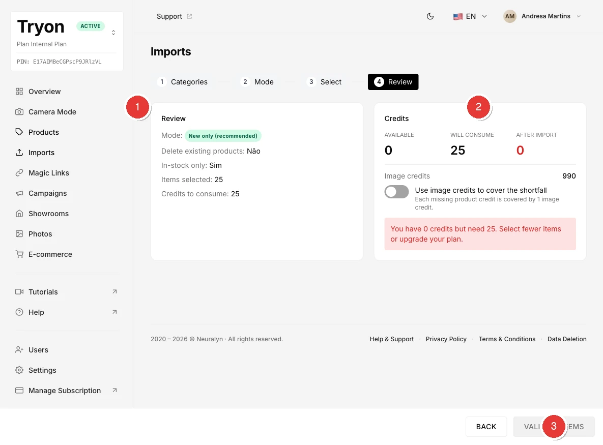 Review step showing import settings on the left and credit panel on the right