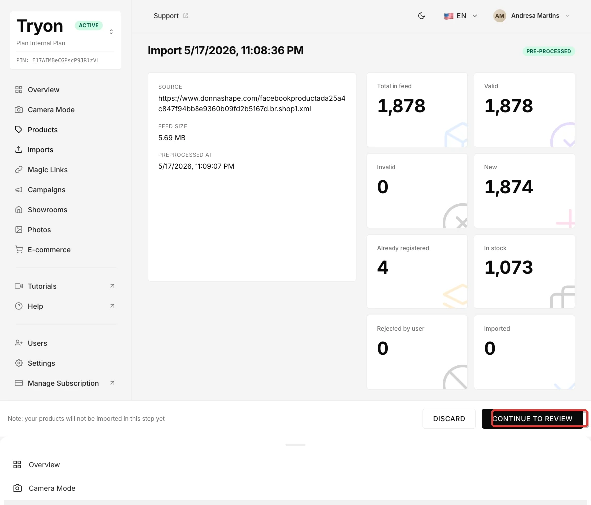 Pre-processed import summary showing counters and the Continue to review button
