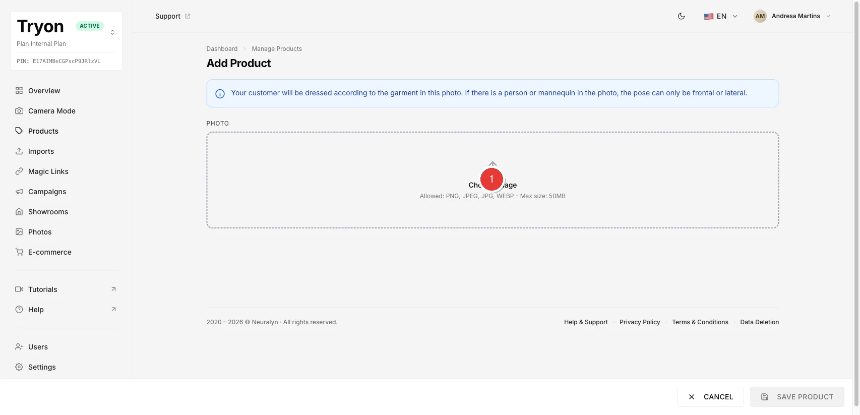 Add product screen with the upload area highlighted