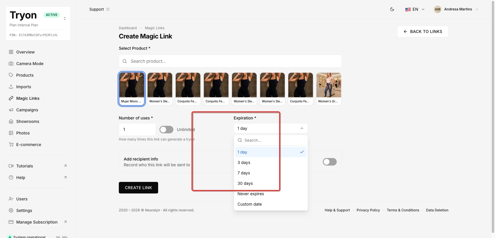 The Expiration dropdown open, showing the six available options: 1 day, 3 days, 7 days, 30 days, Never expires, and Custom date.