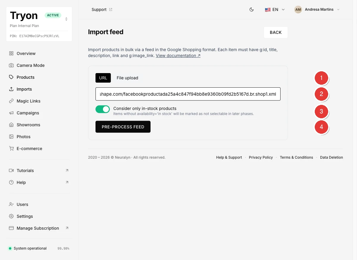 Import feed form with URL tab selected and feed URL filled in