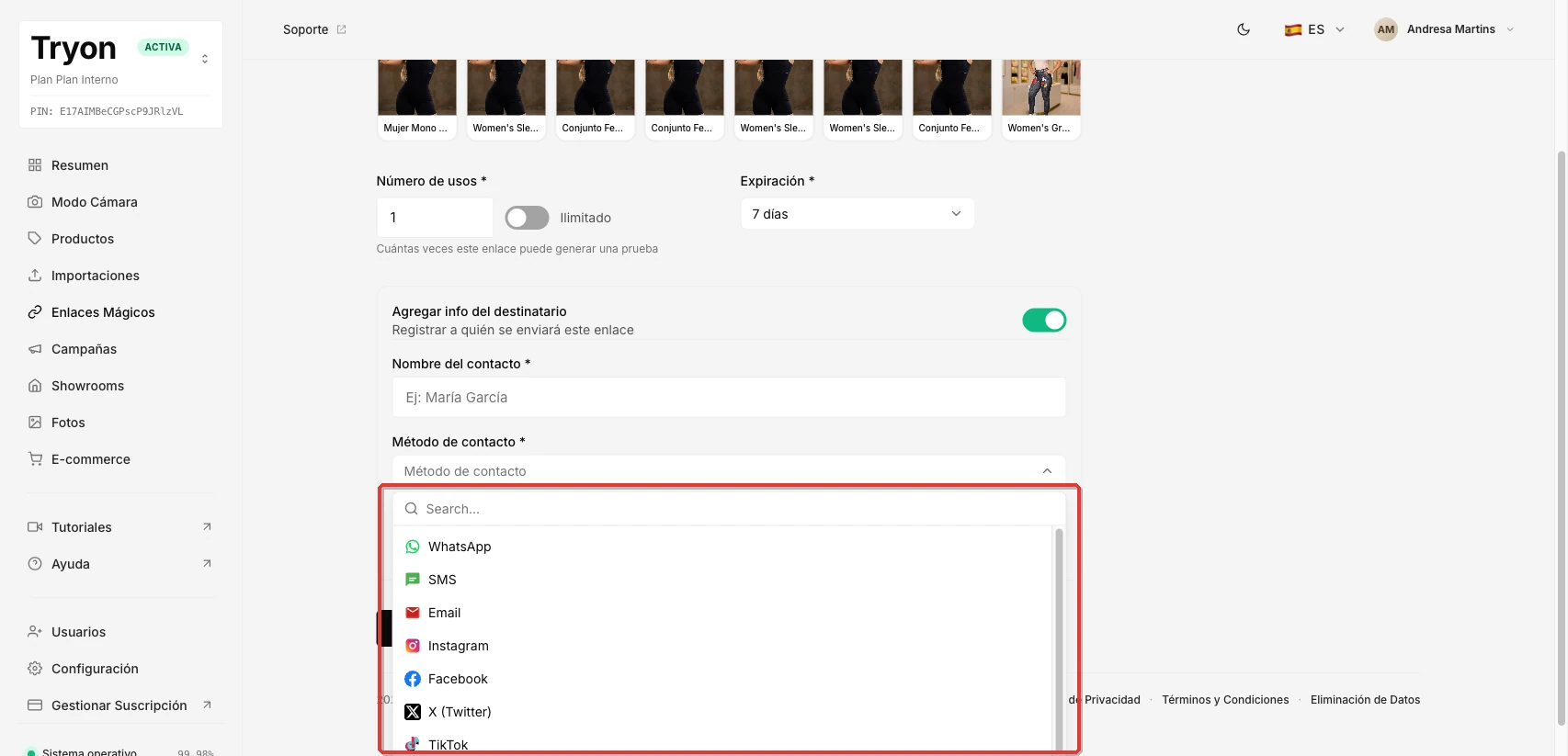 Desplegable Método de contacto abierto, mostrando WhatsApp como primera opción.