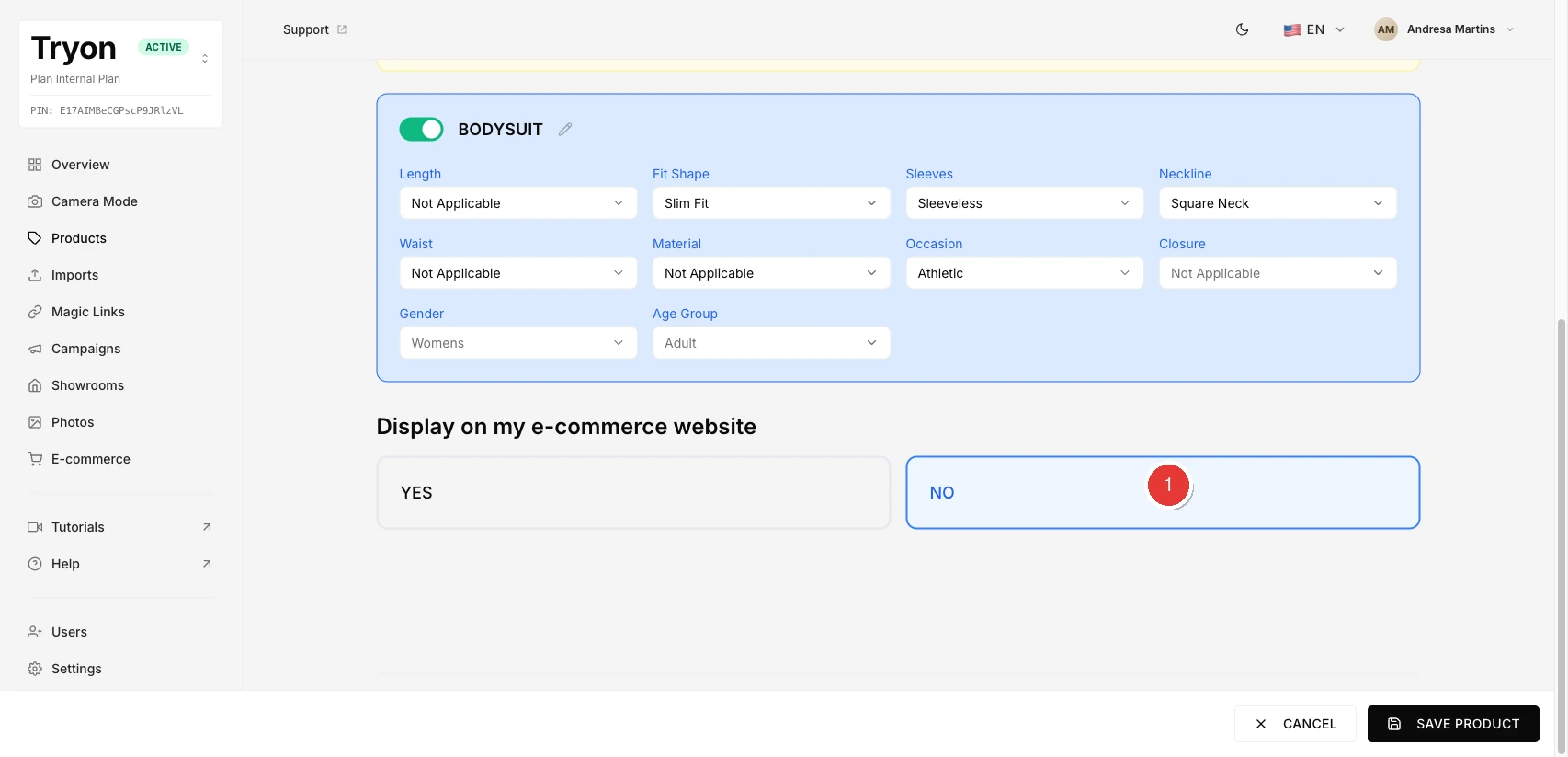 Form with garment selected and e-commerce option set to No