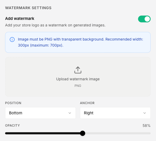 Watermark Settings panel with the Add watermark toggle on, the upload area showing the current watermark thumbnail, position and anchor dropdowns, and the opacity slider.
