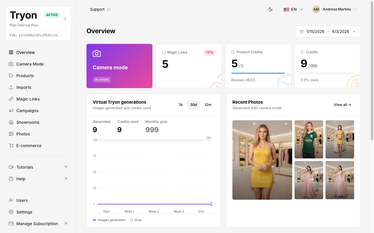 Tryon dashboard home page showing the Product Credits and Image Credits cards at the top, with the current balance and monthly allowance for each.