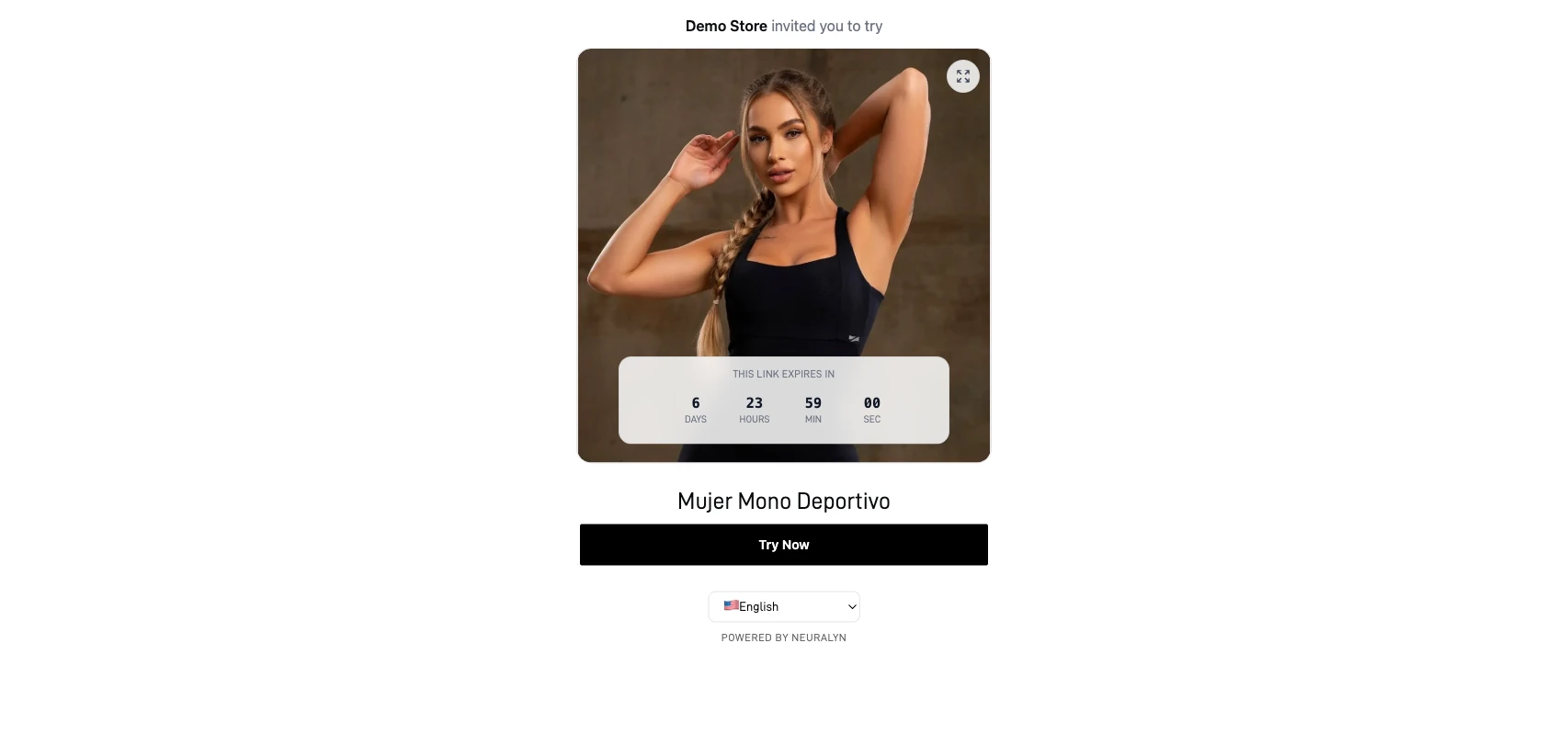 The customer try-on page showing the product image, a countdown to expiration, and the 