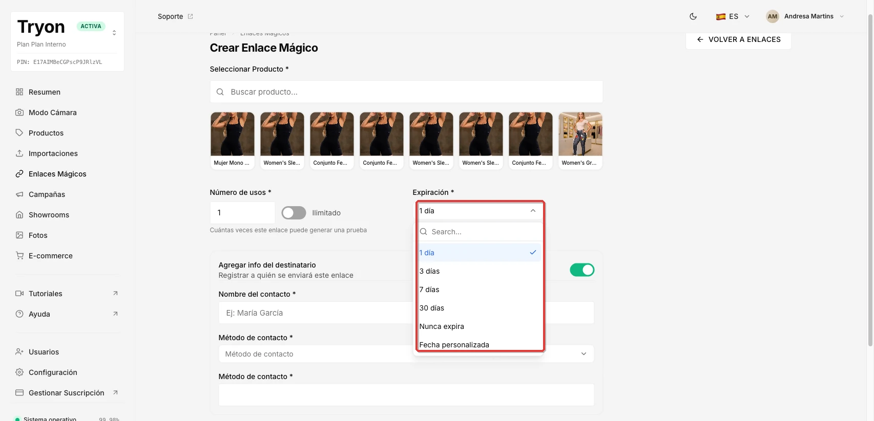 Desplegable de Expiración abierto, mostrando las seis opciones disponibles: 1 día, 3 días, 7 días, 30 días, Nunca expira y Fecha personalizada.