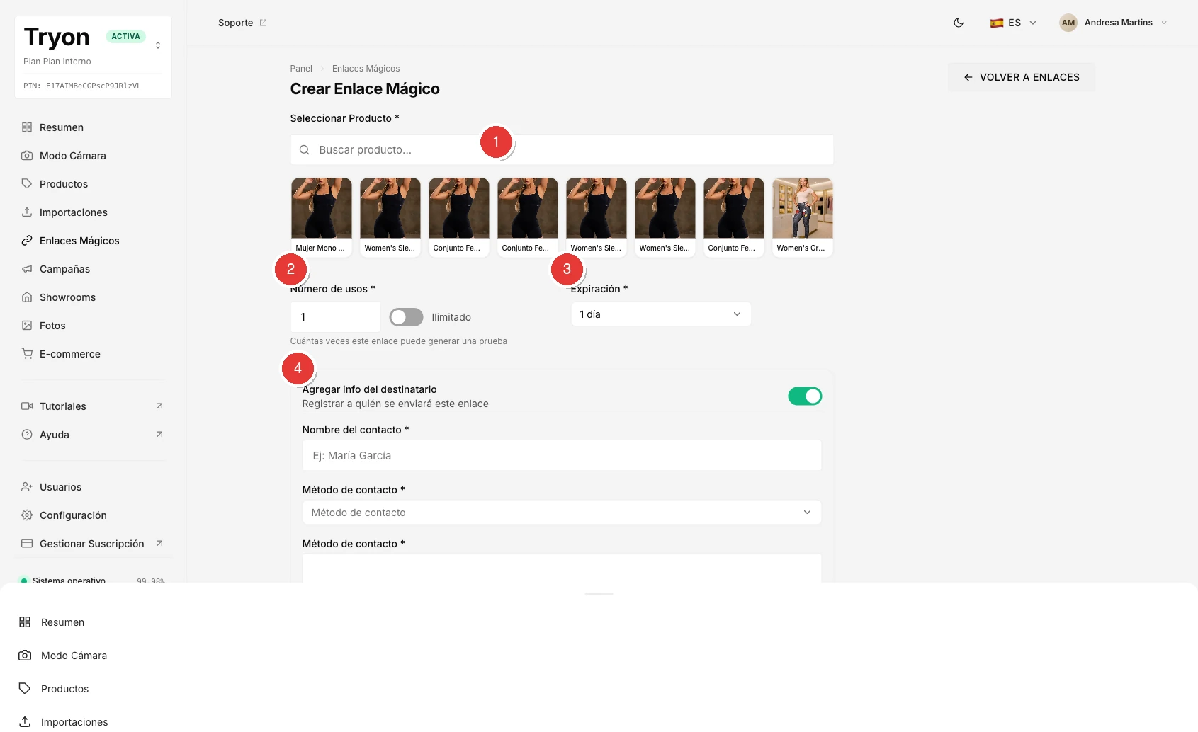 Formulario Crear Magic Link con cuatro áreas numeradas: cuadrícula de productos (1), número de usos (2), expiración (3) e información del destinatario (4).
