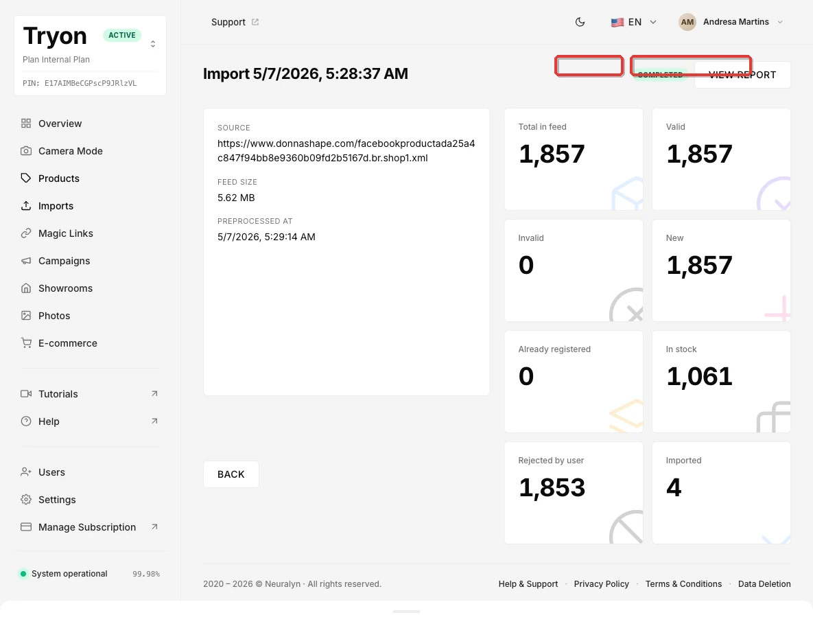 Completed import detail page with COMPLETED badge and View report button