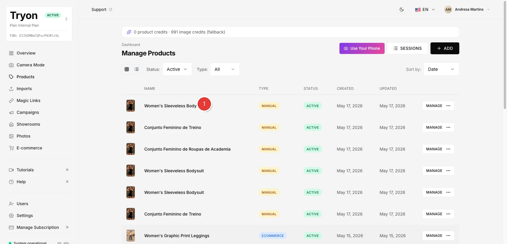 Product list with the new product shown at the top