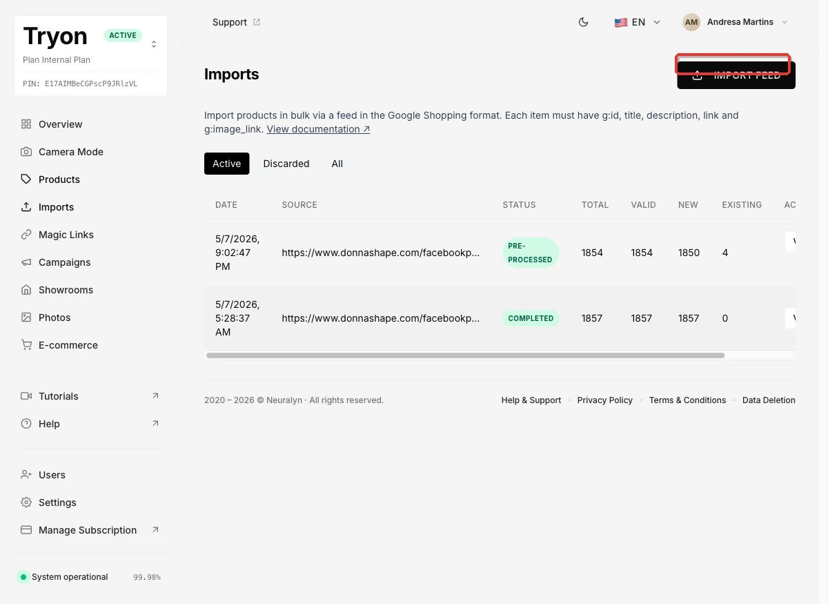 Imports list with the Import feed button highlighted